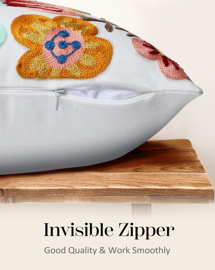 Embroidered Throw Pillow Cover, 18x18 Inch, Boho Floral