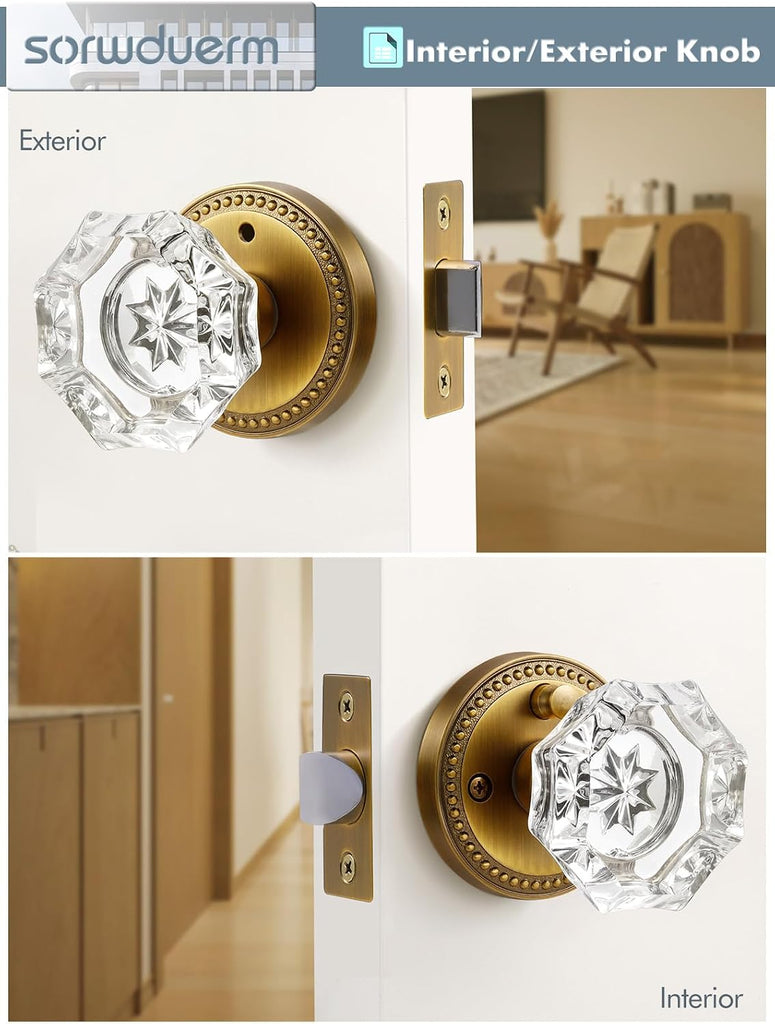 Door Knob Antique Brass Privacy Crystal Glass Interior 1 Pack