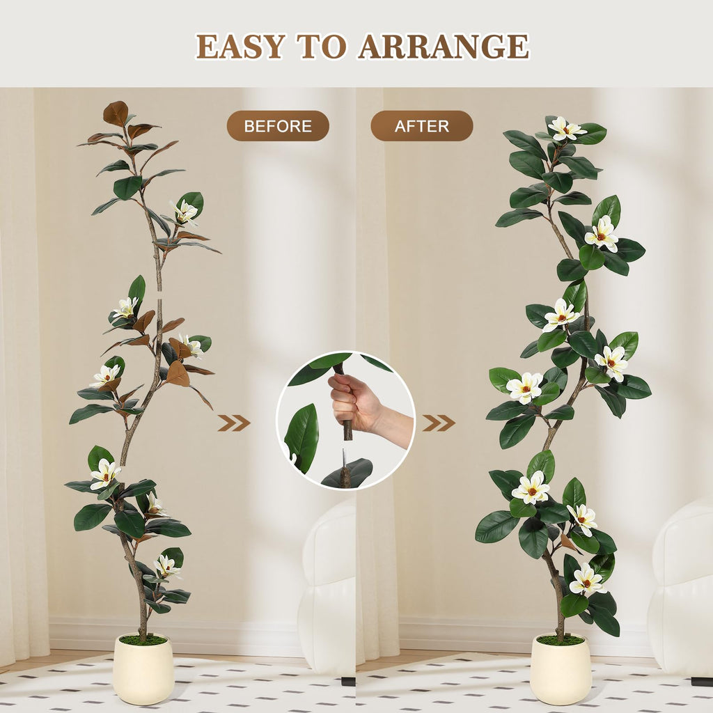 Rubber Tree 7 ft Artificial Tree in White Planter Pot, Indoor