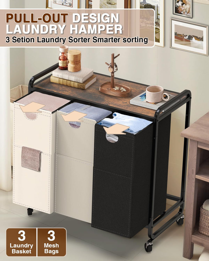 Sorter 3 Section,Laundry Basket with Wheels,3×15.8 Gal (60L)