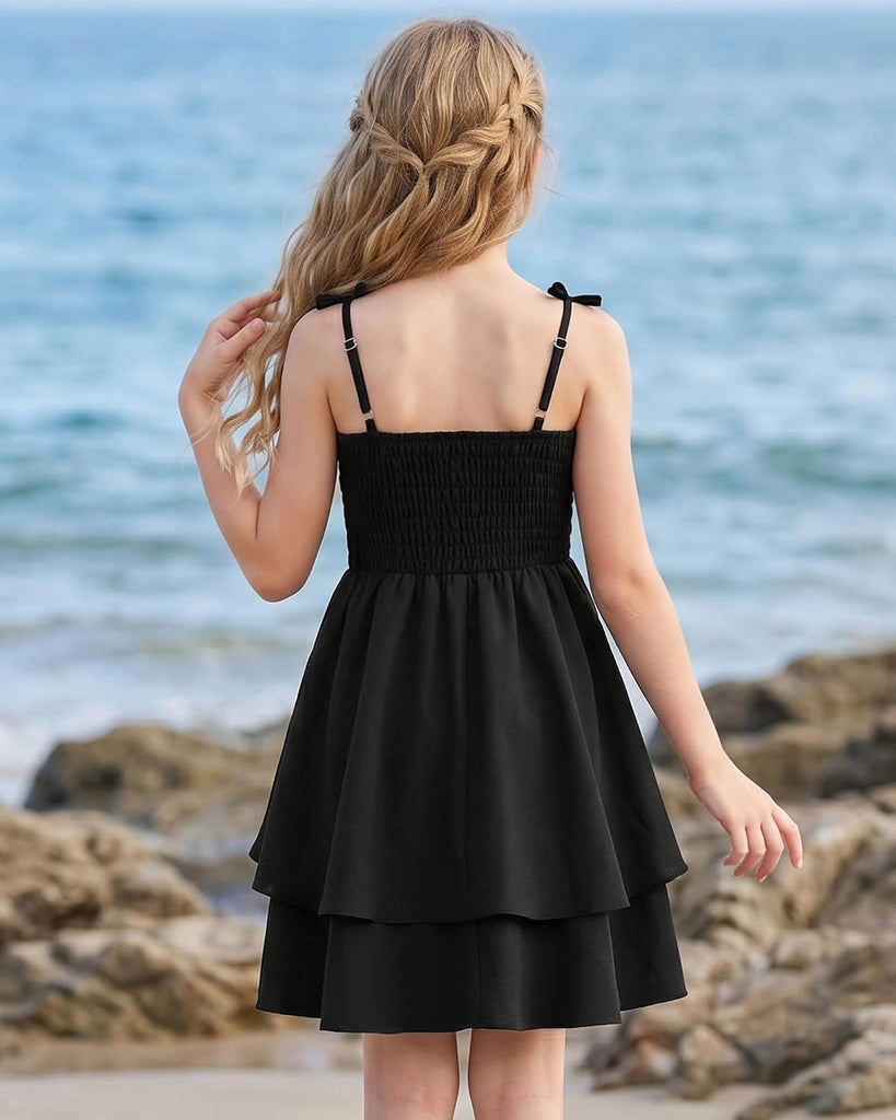 Girls Summer Dress Ruched Smocked Back Spaghetti Strap Sundress