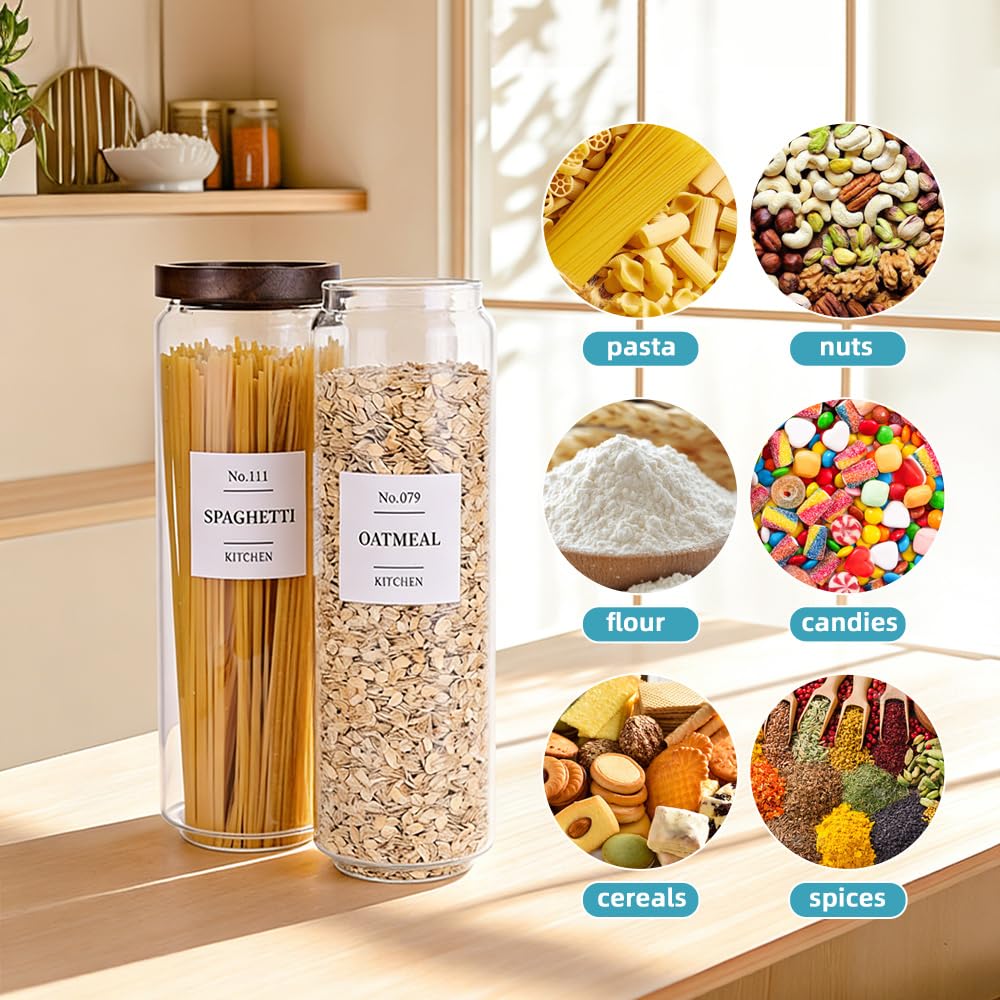 Glass Pantry Storage Jars with Acacia Airtight Lid, 50 OZ Kitchen Canisters with Wood Lid and 132 Pantry Labels, Food
