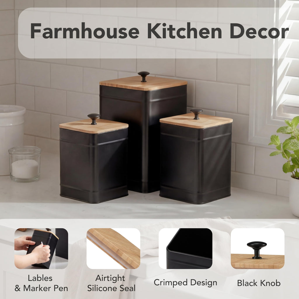 Kitchen Canisters for Countertop Set of 3, Airtight Canisters Sets for the Kitchen Counter with Lid, Metal Farmhouse