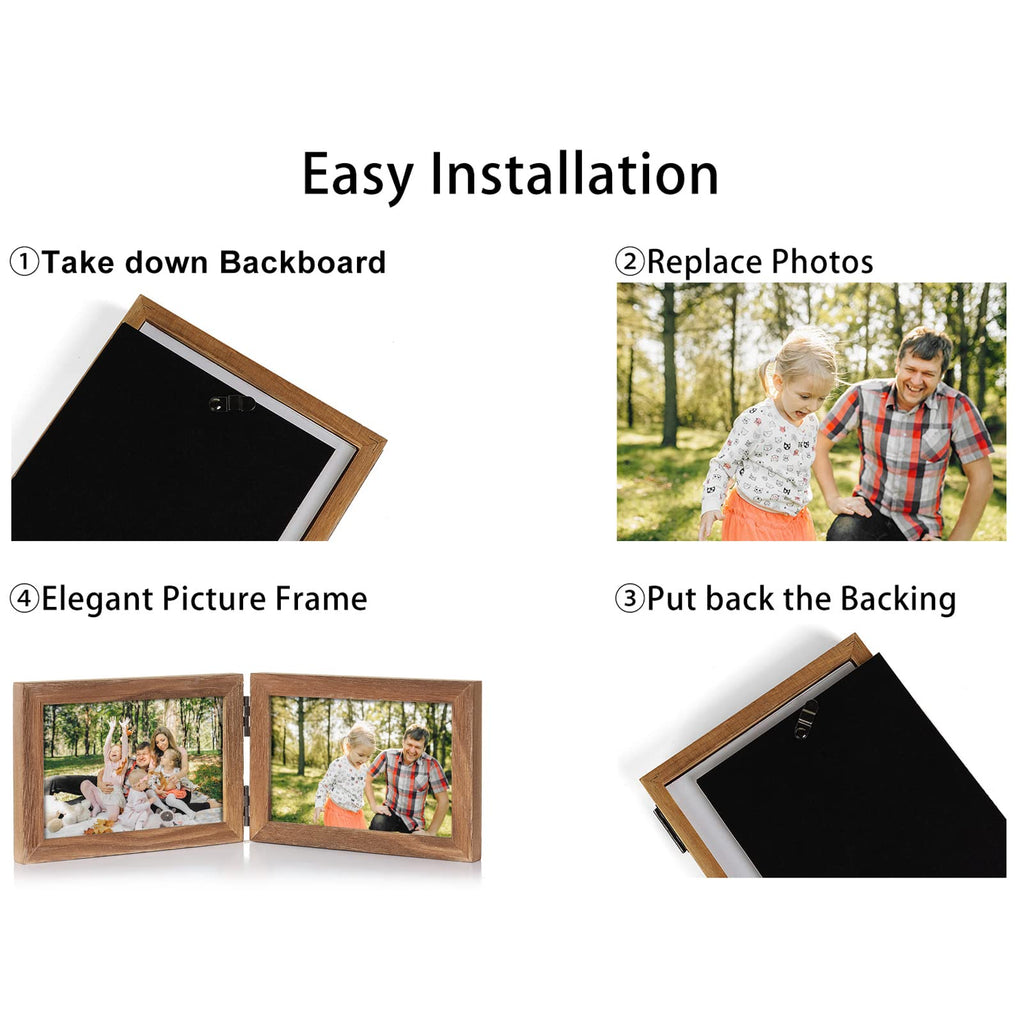 4x6 Double Horizontal Hinged Picture Frame Folding Photo Frame in Distressed Farmhouse Wood Grain Pine Wood with Real