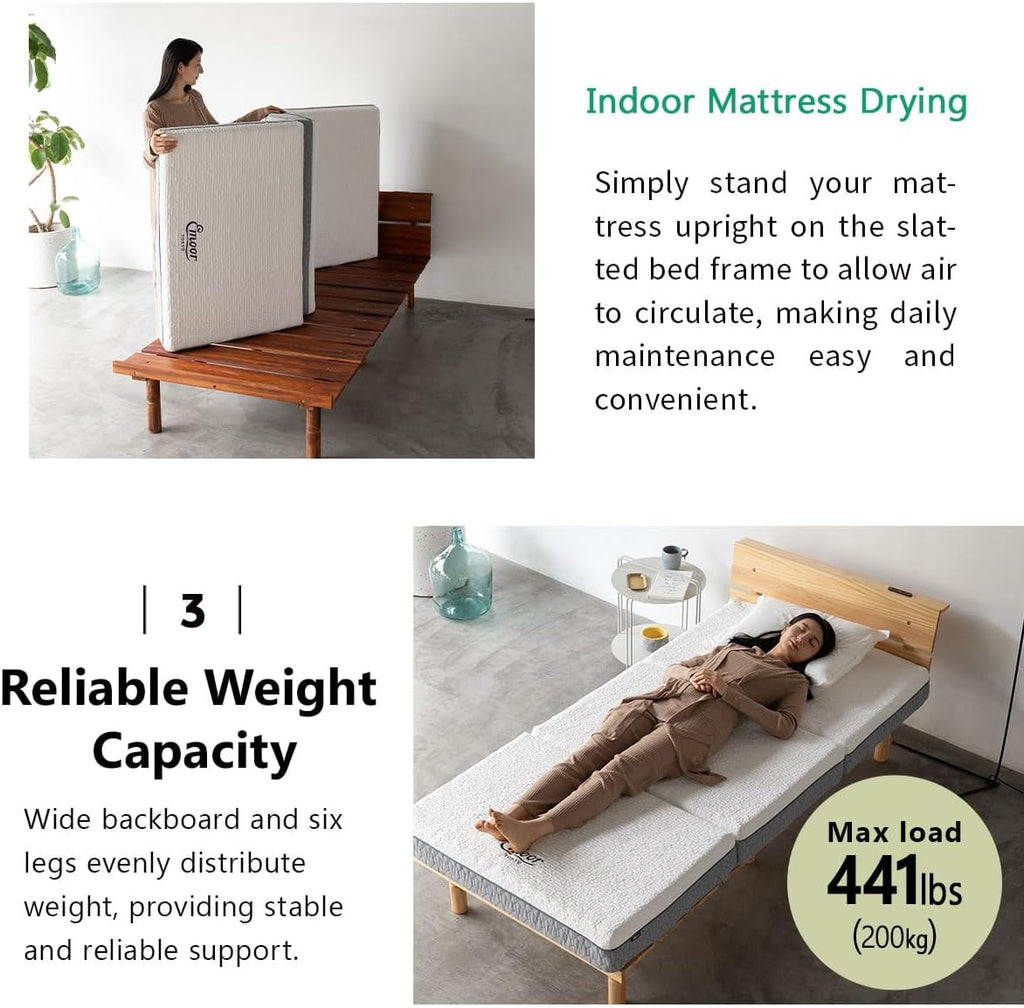 Wood Slatted Floor Bed Frame for Japanese Futon Mattress (Earth-Natural), Head Board Height