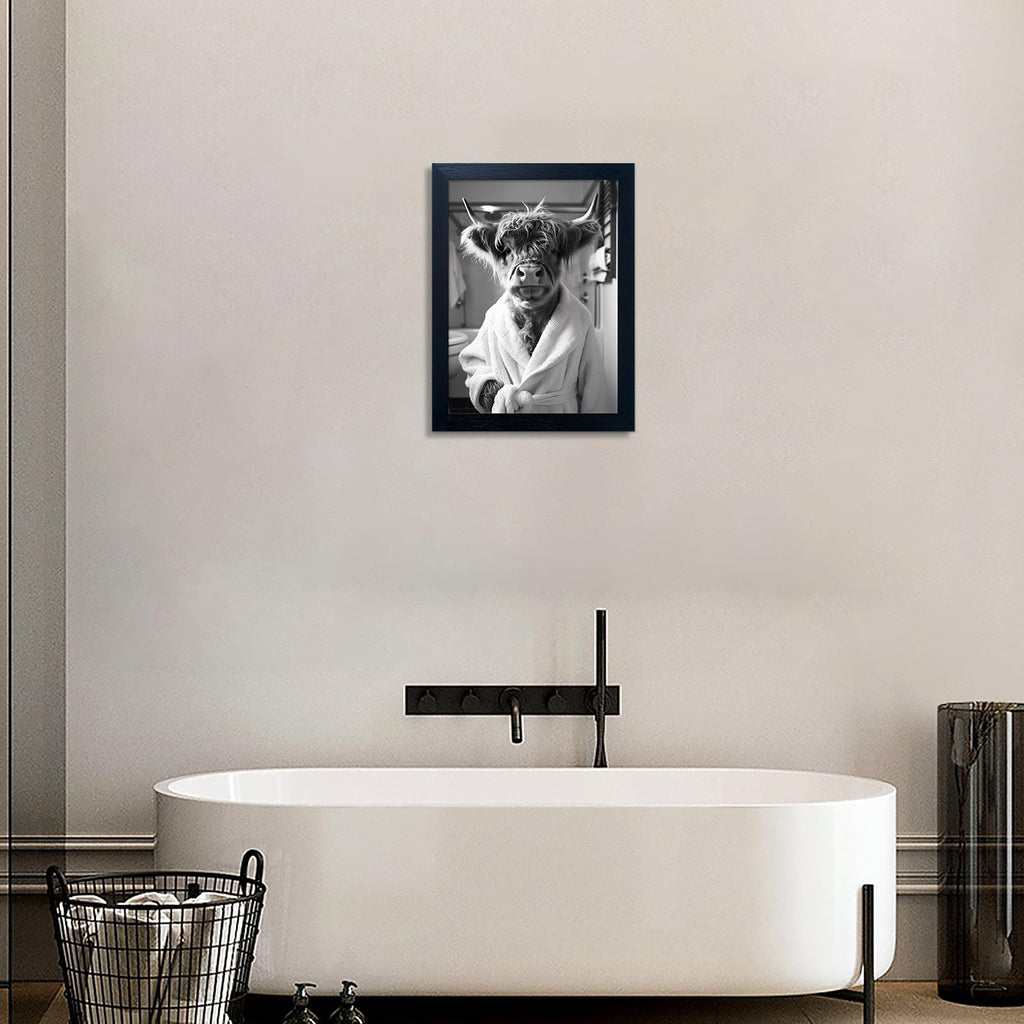 Highland Cow Brushing Teeth Bathroom Wall Decor, Black and White Bathroom Wall Art, Framed Funny Cow Pictures Guest