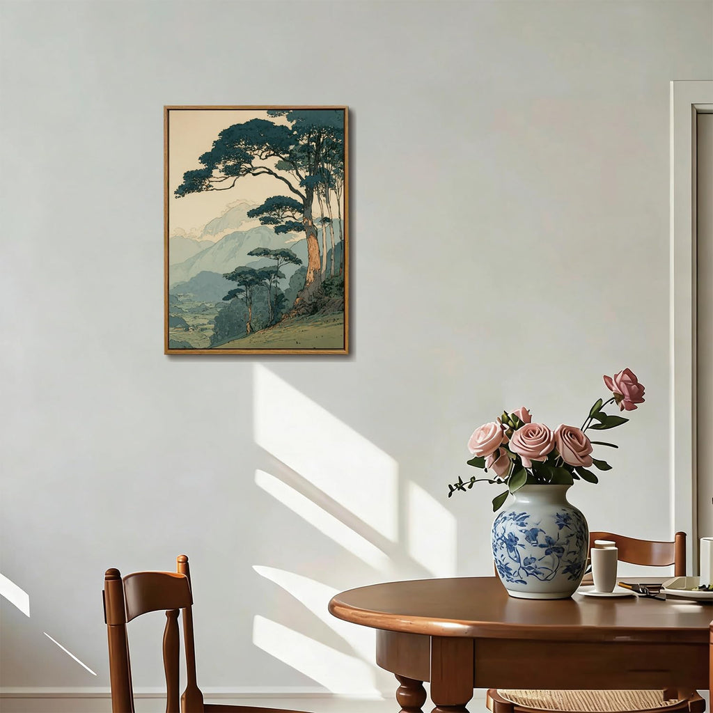 Framed Vintage Japanese Wall Art, Pine Tree Forest Canvas Print 16x24 Inch