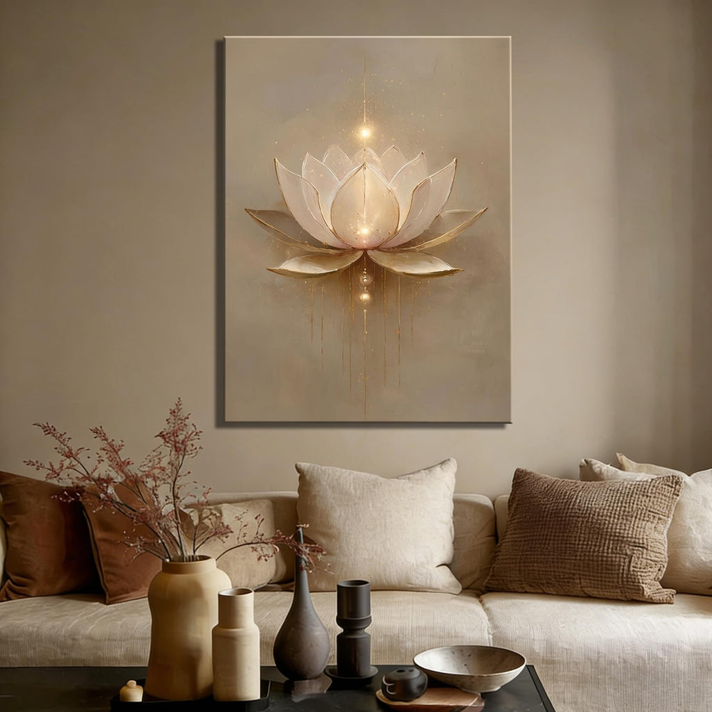 Framed Minimalist Gold Drip Lotus Canvas Wall Art, Soft Beige Floral Zen Canvas Prints Pictures, tranquil wall decor