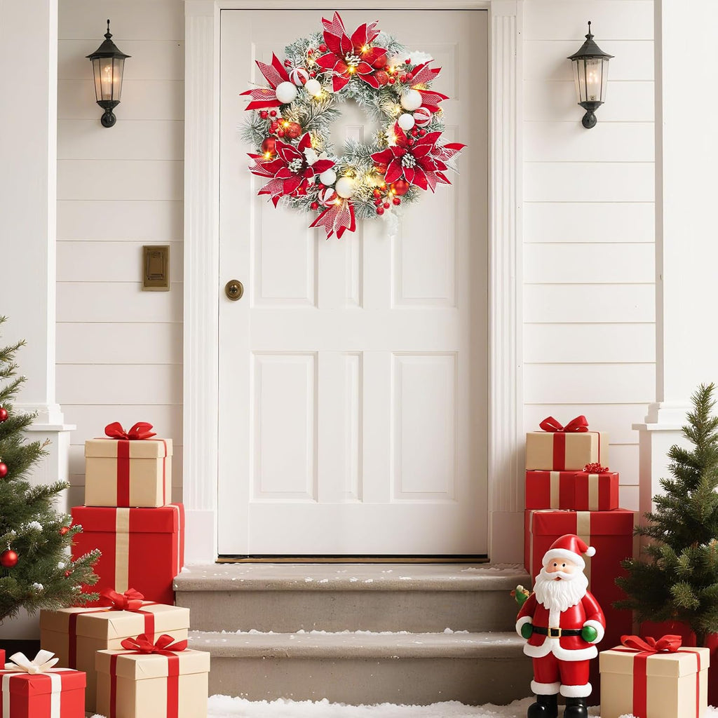 Pre-Lit Christmas Wreath for Front Door, 24 Inch Large Xmas Wreath for Holiday Decor, Battery Operated Xmas Lighted