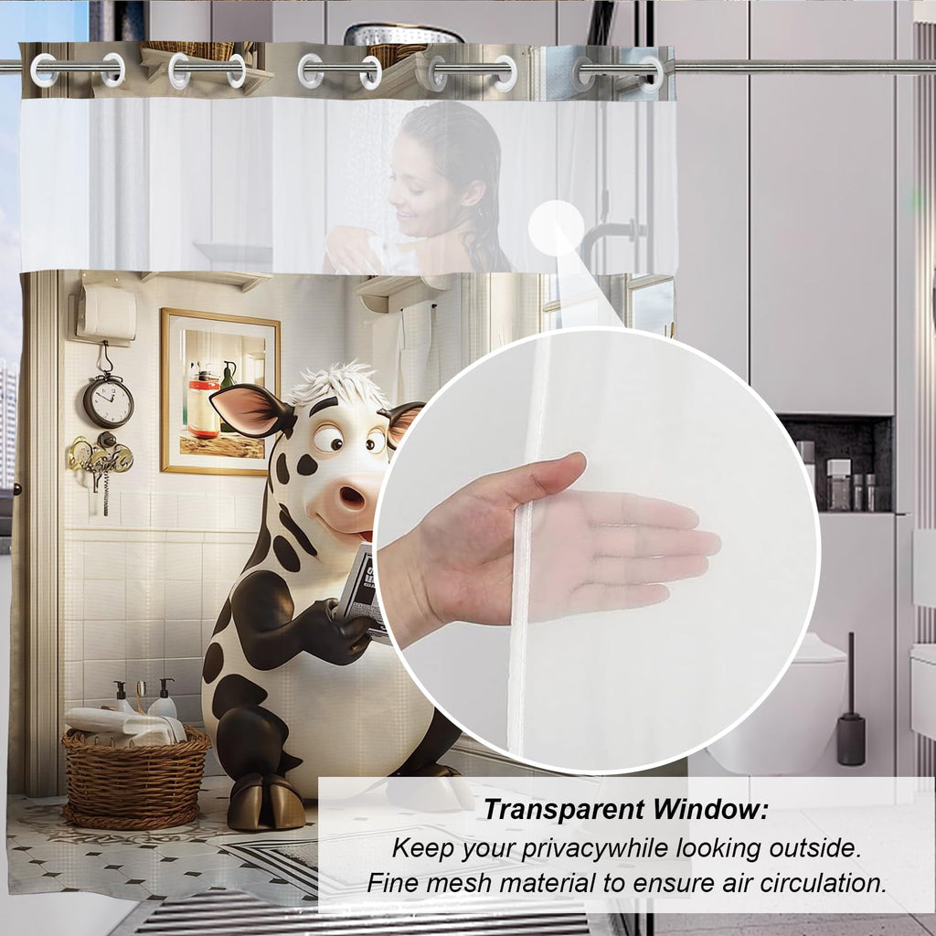Funky Funny Cow Theme No Hook Waffle Weave Shower Curtain with Snap in Liner Cute Modern Aesthetic Bathroom Decor Set