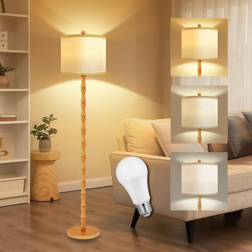 Vintage Wood Floor Lamps with Rotary Switch, 3 Color Temperatures Bulb, Modern Farmhouse Floor Lamps, Rustic Standing