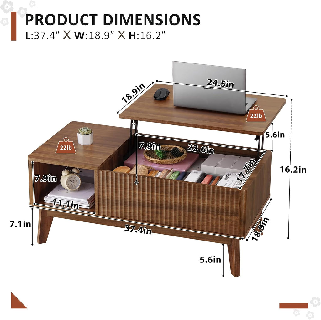 Fluted Lift Top Coffee Table with Storage, Modern Coffee Table（Walnut）