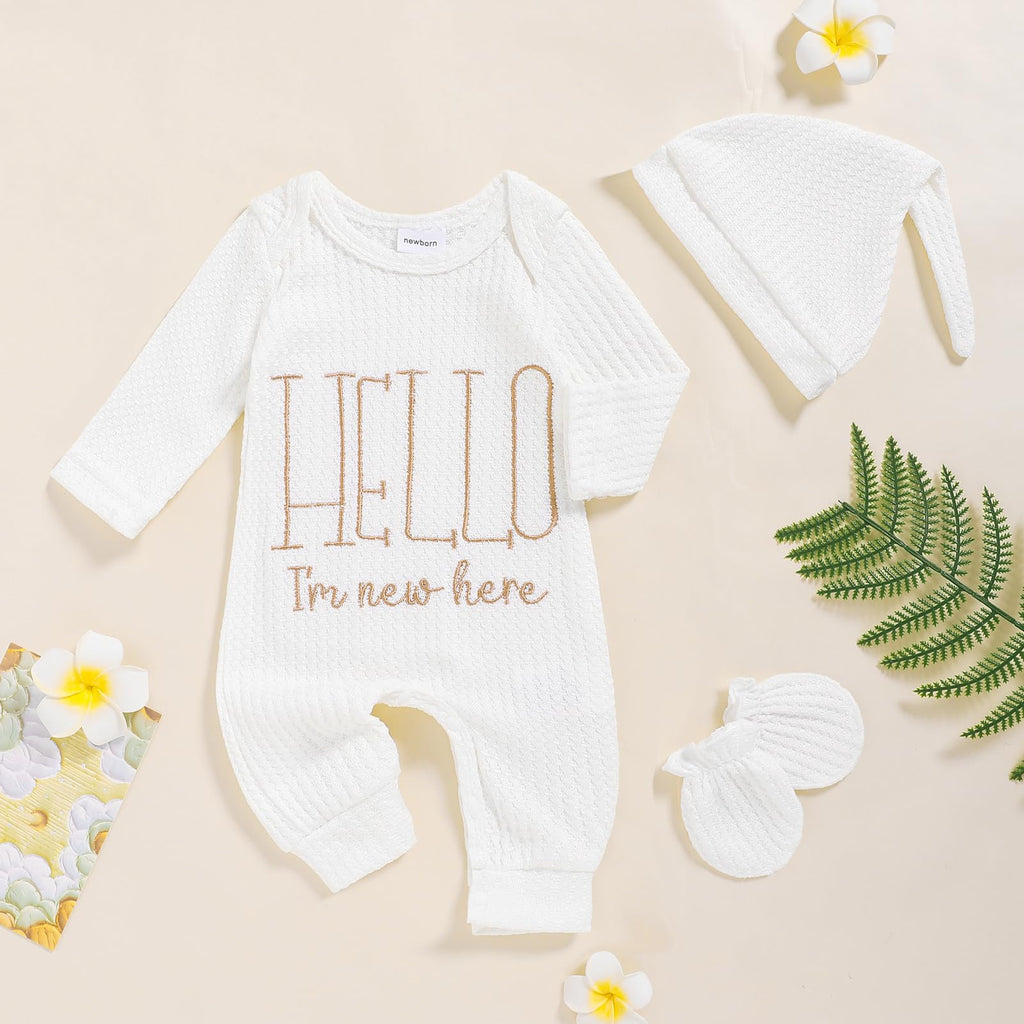 Newborn Baby Boy Romper Coming Home Outfits Letter Print Bodysuit Jumpsuit+Hat+Gloves 3PCS Clothes Set (Pure White