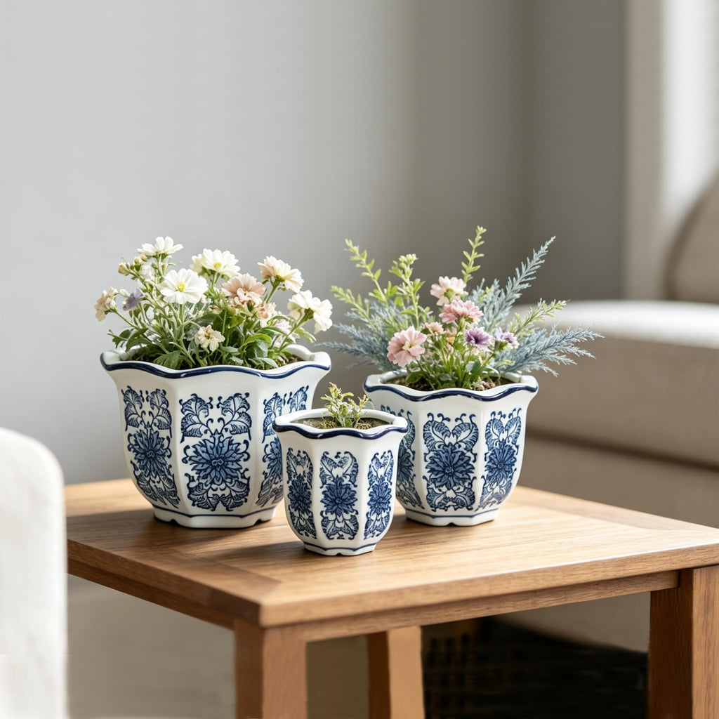 Chinoiserie Décor Planters, Ceramic Flower Pots with Drainage, Set of 3