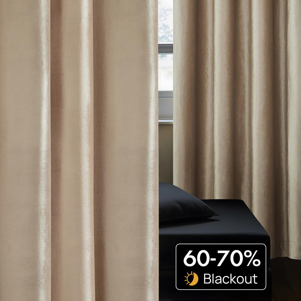 Luxury Beige Champagne Velvet 108 inch Curtains 2 Panels, Floor to Ceiling