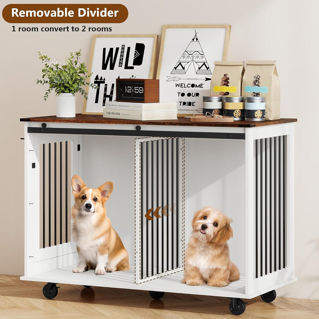 48 Inch XL Dog Crate, Wood XXL Dog Crate Furniture with Wheels, Flip-Top Feeding Door, Removable Divider, Farmhouse