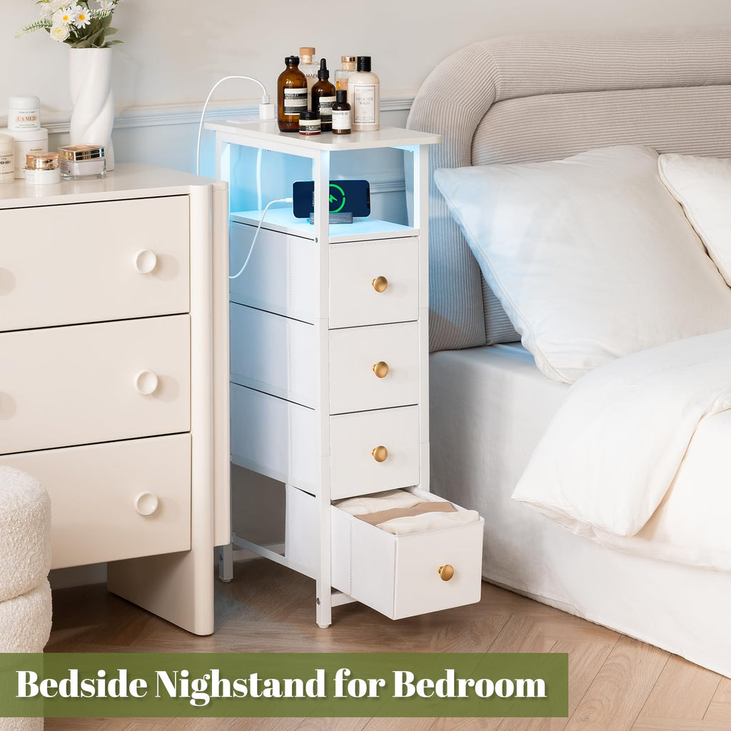 Narrow Nightstand with Charging Station, LED Tall Narrow Side Table