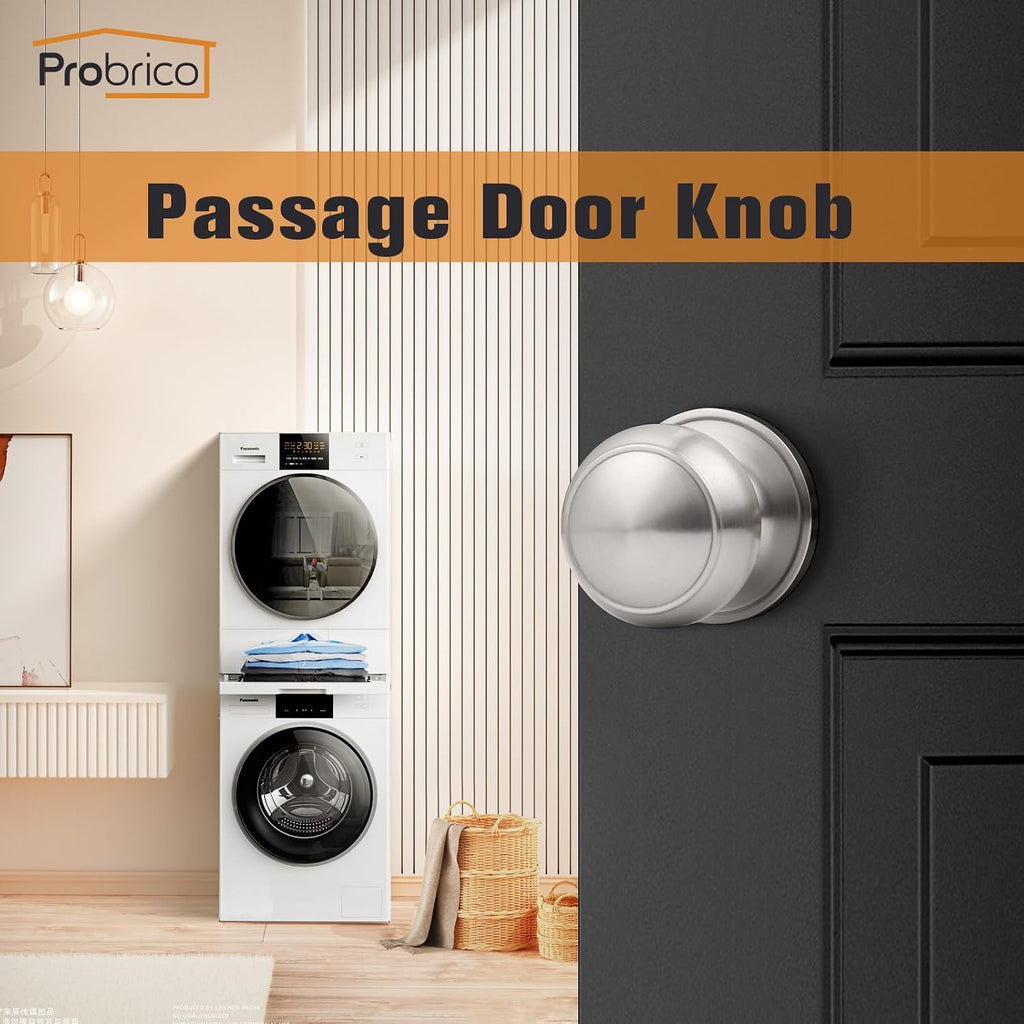 Brushed Nickel Passage Door Knobs, Flat Ball Interior Handles for Hall and Closet, Keyless Door Handles 3 Pack