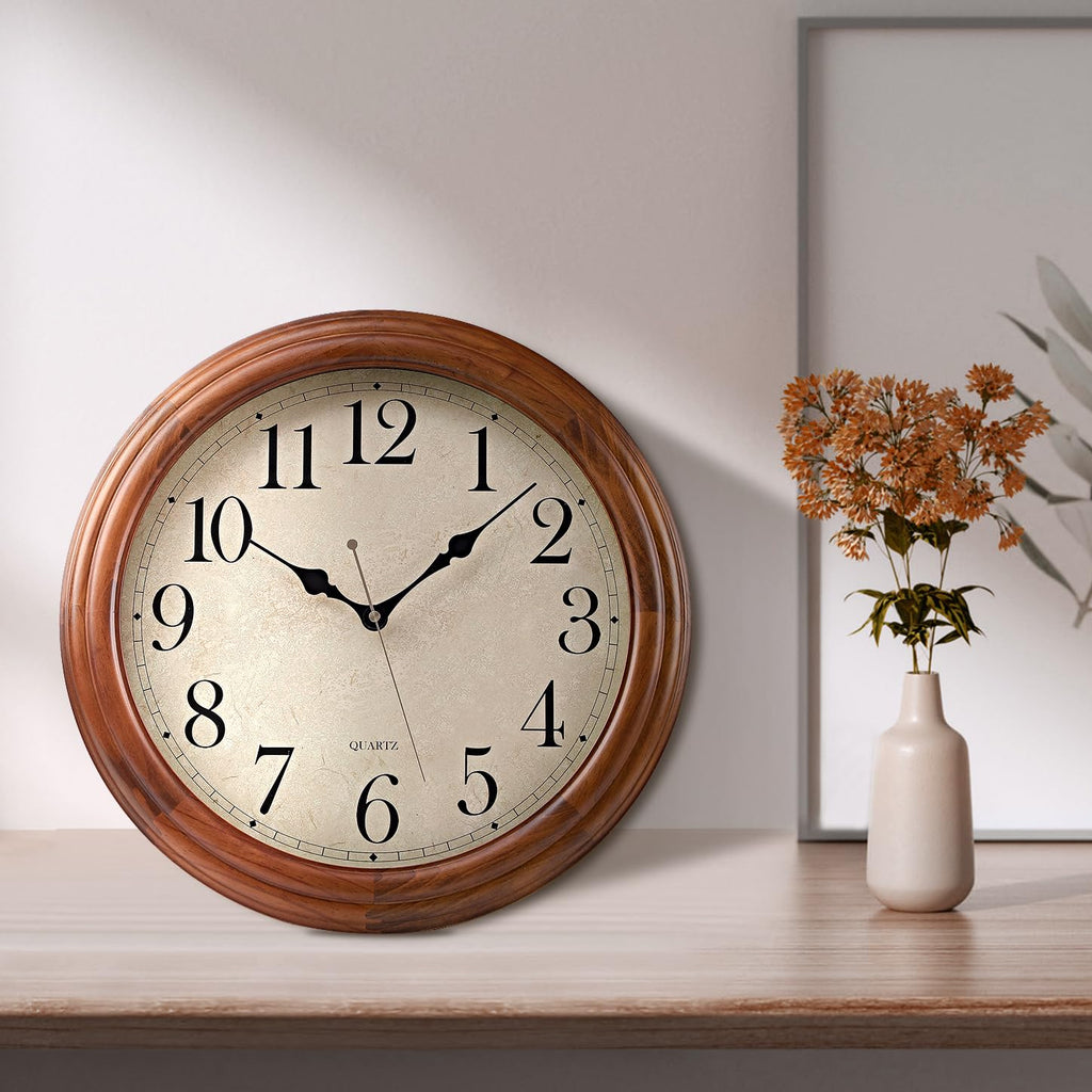 16 Inches Wooden Wall Clock with Retro Design, Large Round Wood Wall Clock with Big Arabic Numerals, Battery Operated