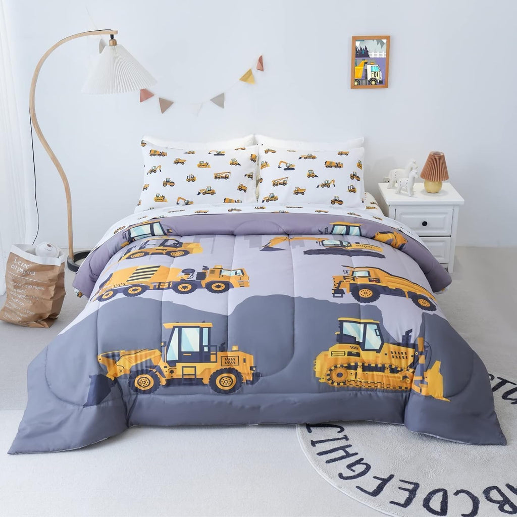 Full Comforter Set for Boys, 5-Piece Bed in a Bag, 3D Construction Bedding Comforter Sheet Set, Ultra Soft and
