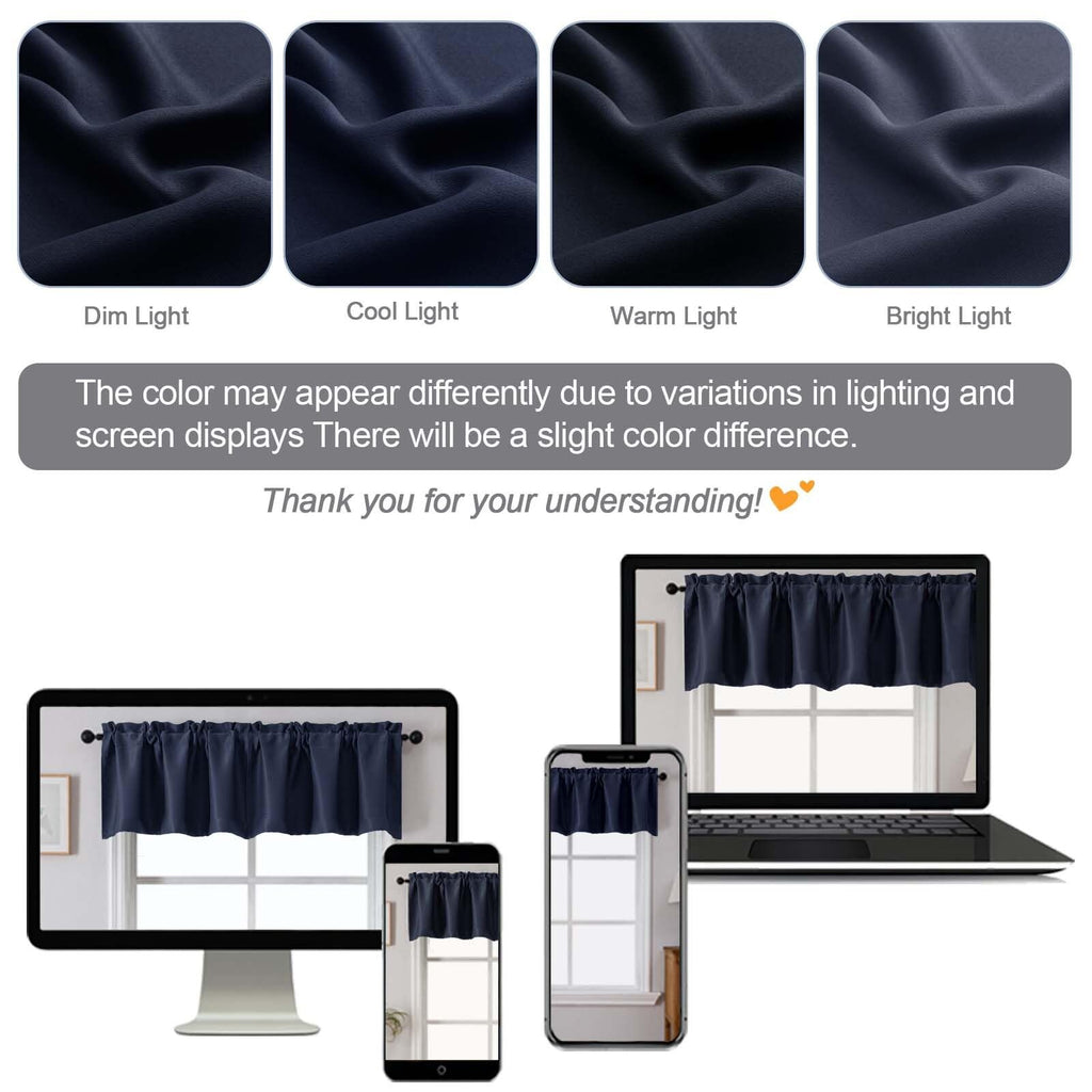 Navy Blue Blackout Valances for Windows, Short Window Valance Curtains Bedroom Bathroom, Room Darkening Solid Privacy