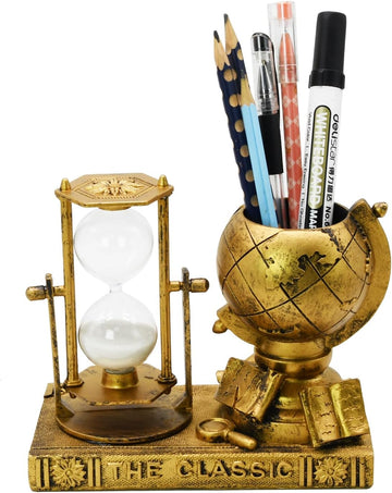 Globe-Themed Pencil Holder with Hourglass, Resin Desktop Organizer & Study, Pen Holder with Sand Timer, Classic Globe