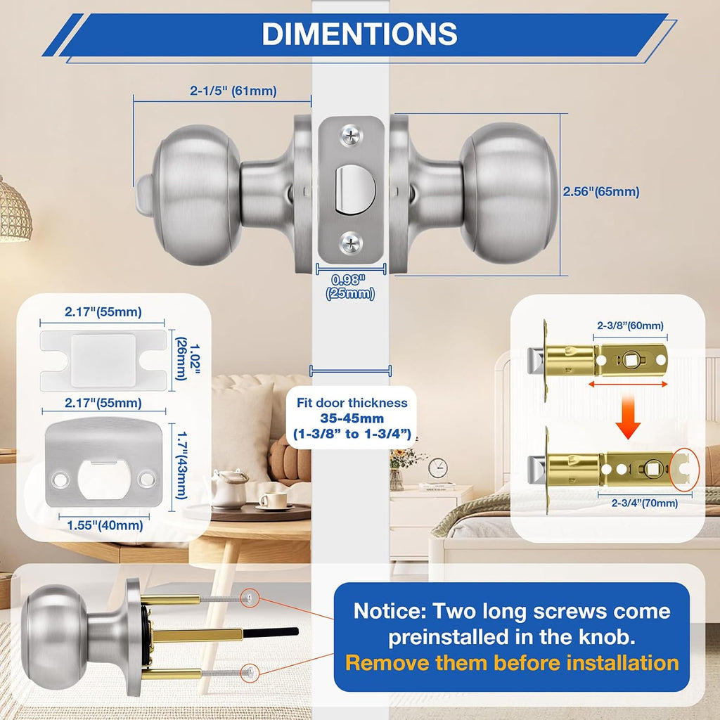 10 Pack Brushed Nickel Door Knobs,Privacy Door Knob with Lock, Interior Doorknobs Silver, Keyless Door Locks Set s