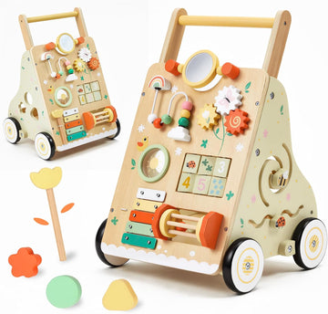 Wooden Baby Push Walker for 1 Year Old, Montessori Wood Walking Toy