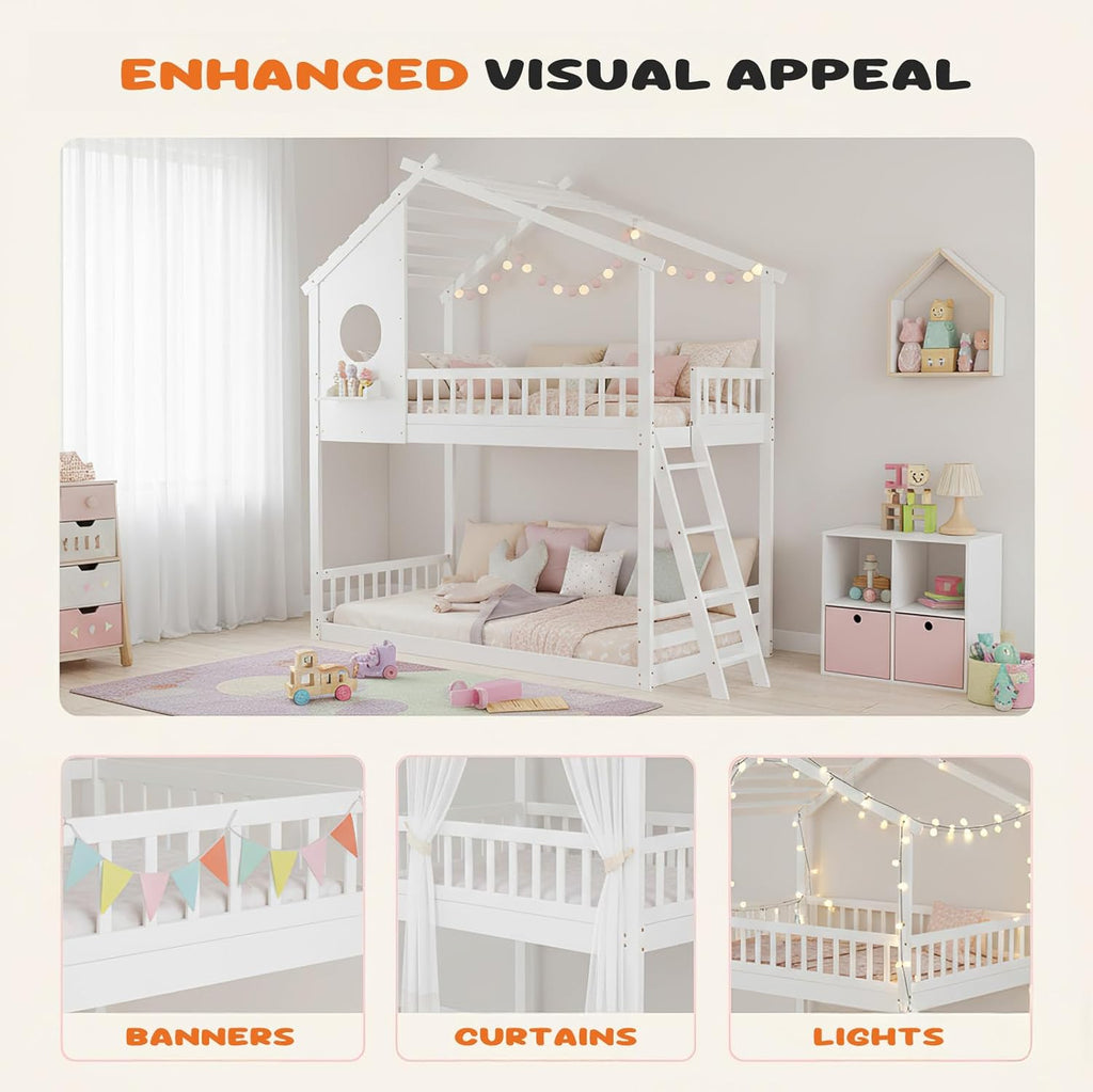 Wood Twin Over Twin House Bunk Bed, Loft Bed with Ladder, Safety Guardrail, Wooden Slats & Window