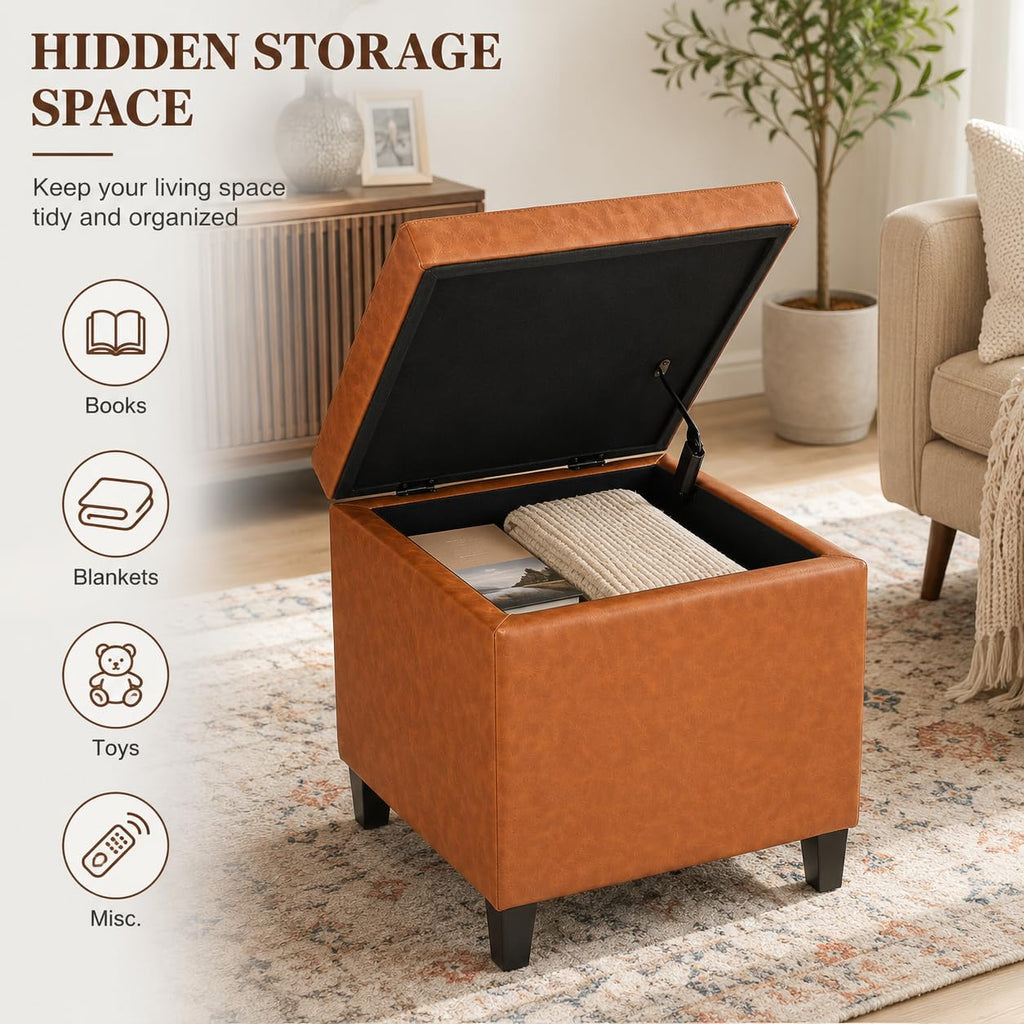 Leather Ottoman with Storage 18" Square Storage Ottoman