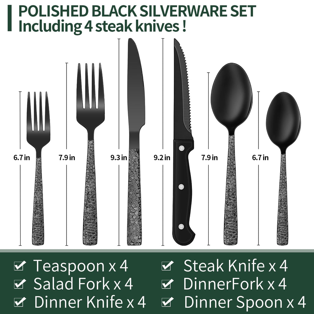 24-Piece Black Silverware Set with Steak Knives, Black Flatware Set for 4, Food-Grade Stainless Steel Tableware