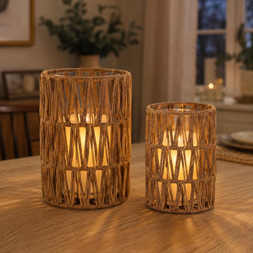 Boho Lanterns, Set of 2 Handwoven Rattan Candle Holders for Indoor Outdoor Patio and Home, Woven Decorative Lanterns
