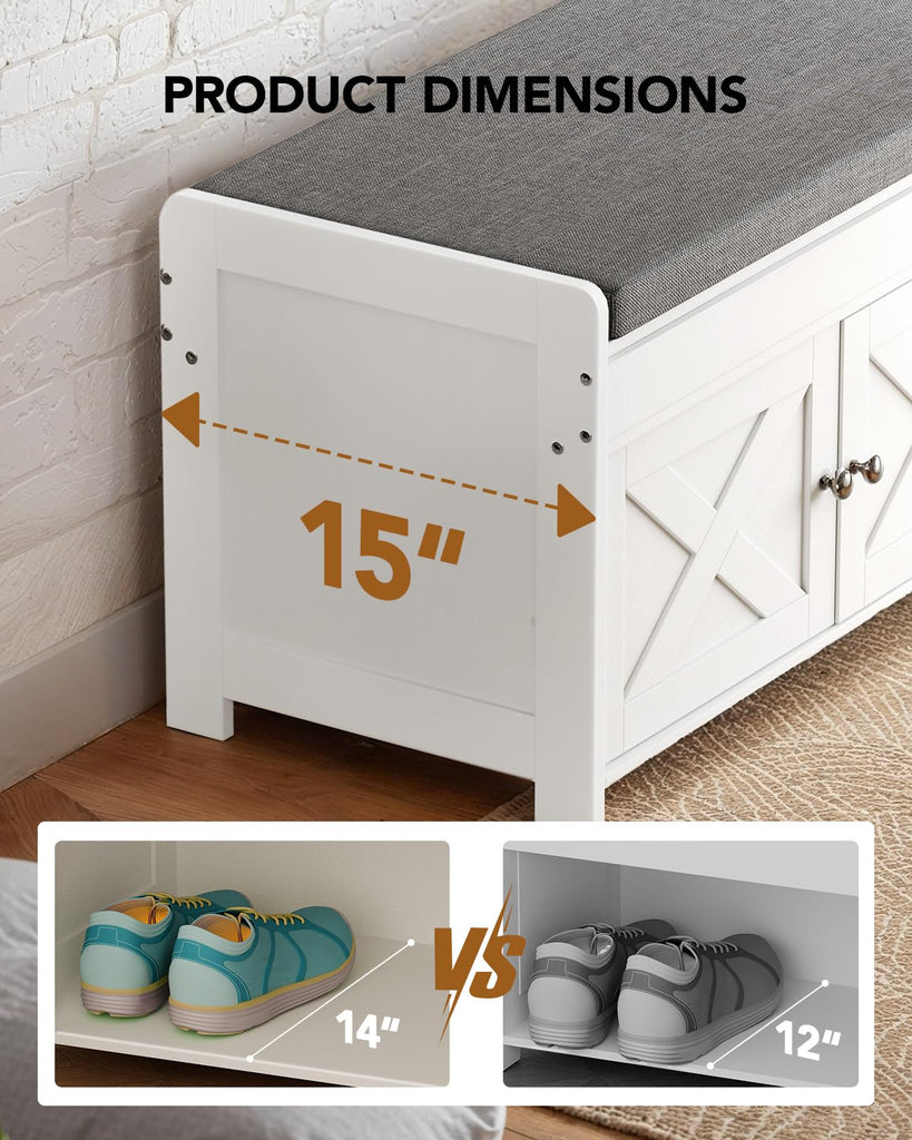 Farmhouse Shoe Storage Bench with Cushion, 3 Doors & Lift-Top Storage, Adjustable Shelves, 300 lbs Capacity Entryway