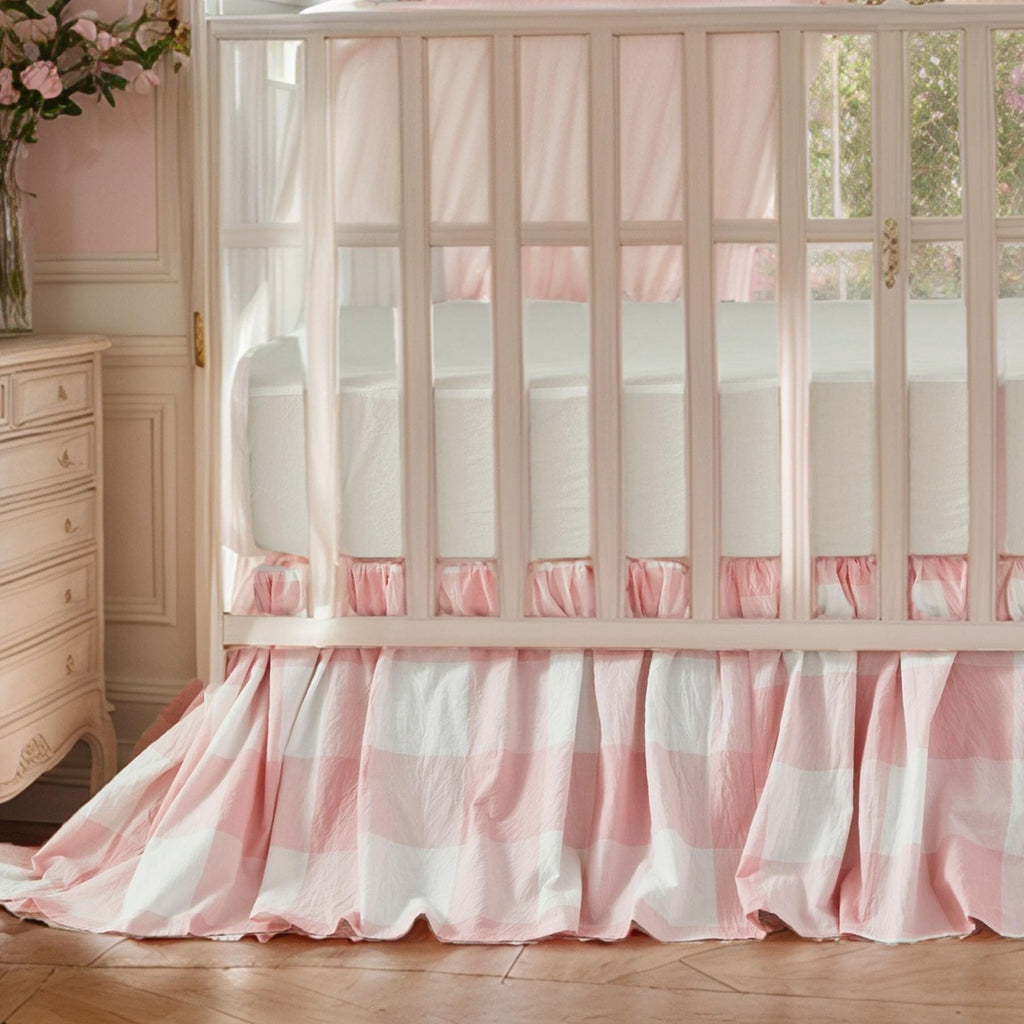 Gingham Gathered Crib Skirt, Baby Boy, Baby Girl, Gender Neutral Crib Skirt, 100% Cotton, 4-Sided, Light Pink Plaid