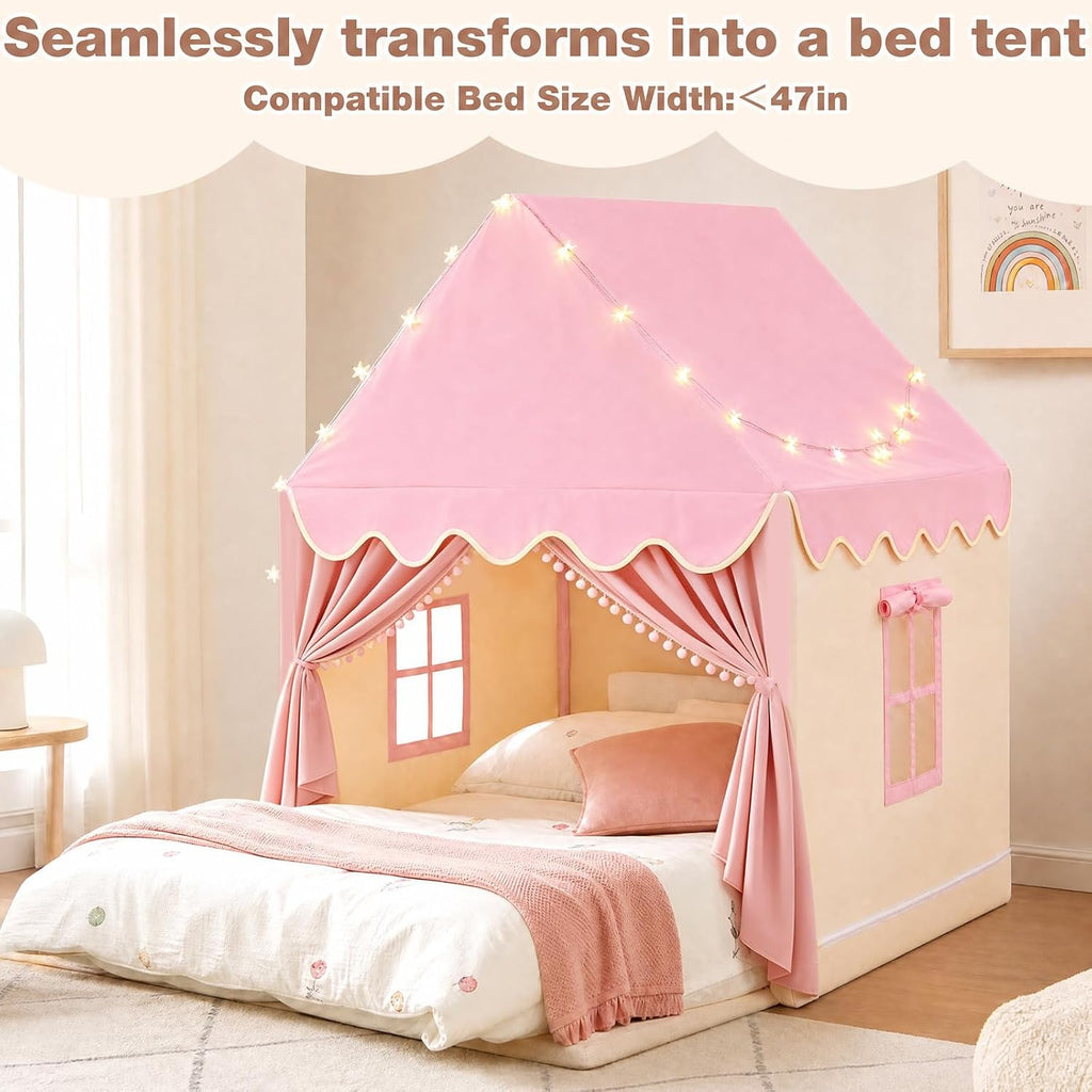 Large Kids Play Tent with Mat & Star Lights, Pink Princess Tent for Girl