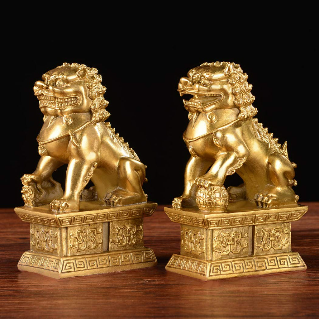 Golden Guardian Lion Sculpture, Pair Foo Dogs Statues 5.9in (H)