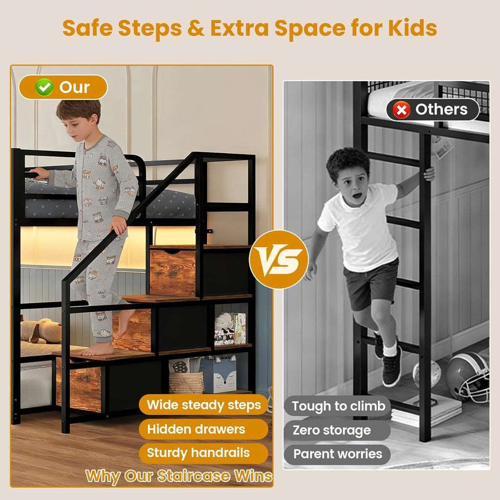 Low Bunk Bed Twin Over Twin with Storage Staircase, Drawers & Shelves