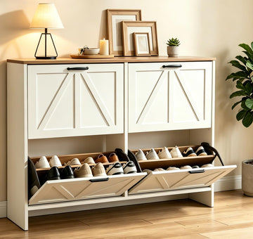 Shaker Barn Door Shoe Cabinet, 4 Flip Drawers & 3Tier Adjustable Shelves, Ultra Slim Freestanding, Modern Rustic