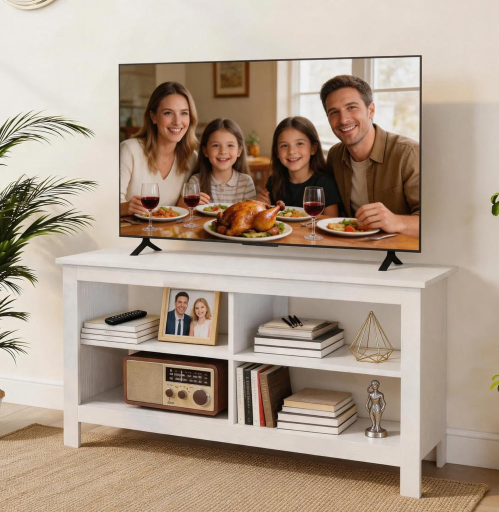 43 Inches TV Stand, Mid Century Modern Entertainment Center with 4 Open Shelves Farmhouse TV Media Console Table