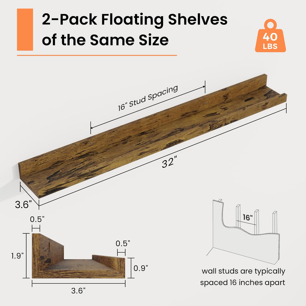 Picture Ledge Shelf, 32 inch Floating Wood Shelves Set of 2, Rustic Brown
