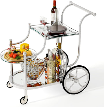 Bar Cart, 3-Tier Rolling Home Bar Serving Cart with Mirrored Shelves & 4 Wheels, Mobile Beverage & Wine Cart (Silver)