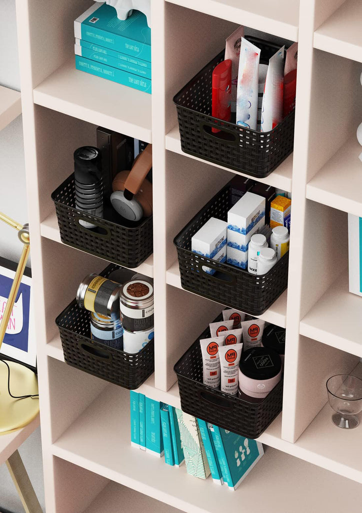 Woven Storage Organizer Basket, 6-Pack Black Plastic Weave Baskets, 10.1 x 7.55 x 4.1