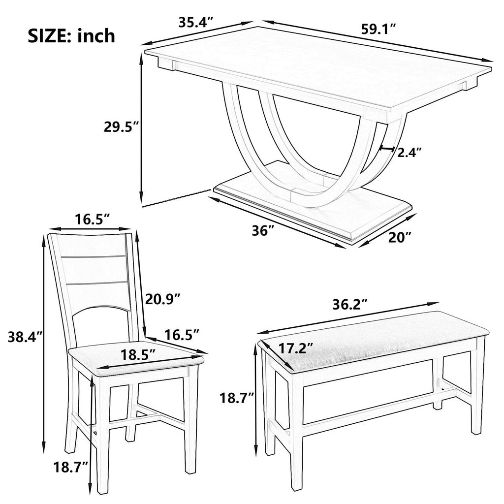 6-Piece Dining Table Set for 6, Farmhouse Kitchen Dining Room Table Set with Recantgle Table and Upholstered Bench