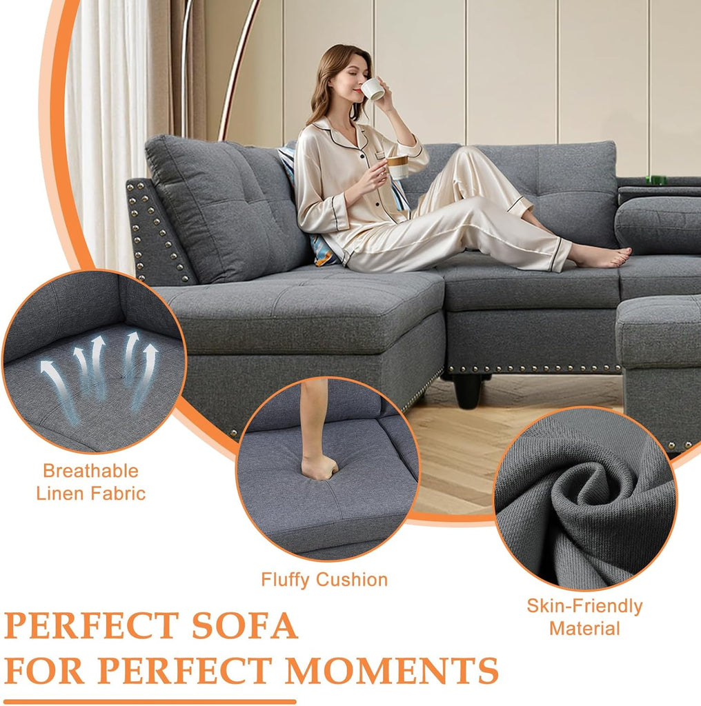 Wakefit Sectional Sofa Couch, Modern 4-Seaters Living Room Furniture Sets with Chaise Lounge