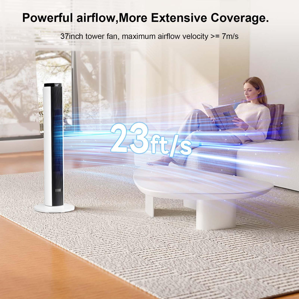 37-Inch Bladeless Portable Tower Fan 80°Oscillating,Quiet Cooling with 12H Timer Remote Control, 6 Speed, 4 Modes