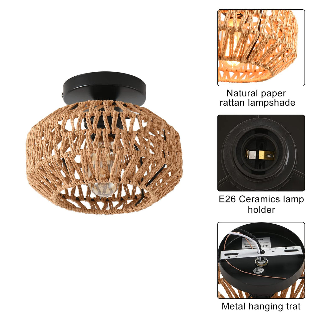 2 Pack Farmhouse Light Fixtures Ceiling Mount, Mini Rattan Boho Semi Flush Mount Ceiling Light, Hand Woven Hallway