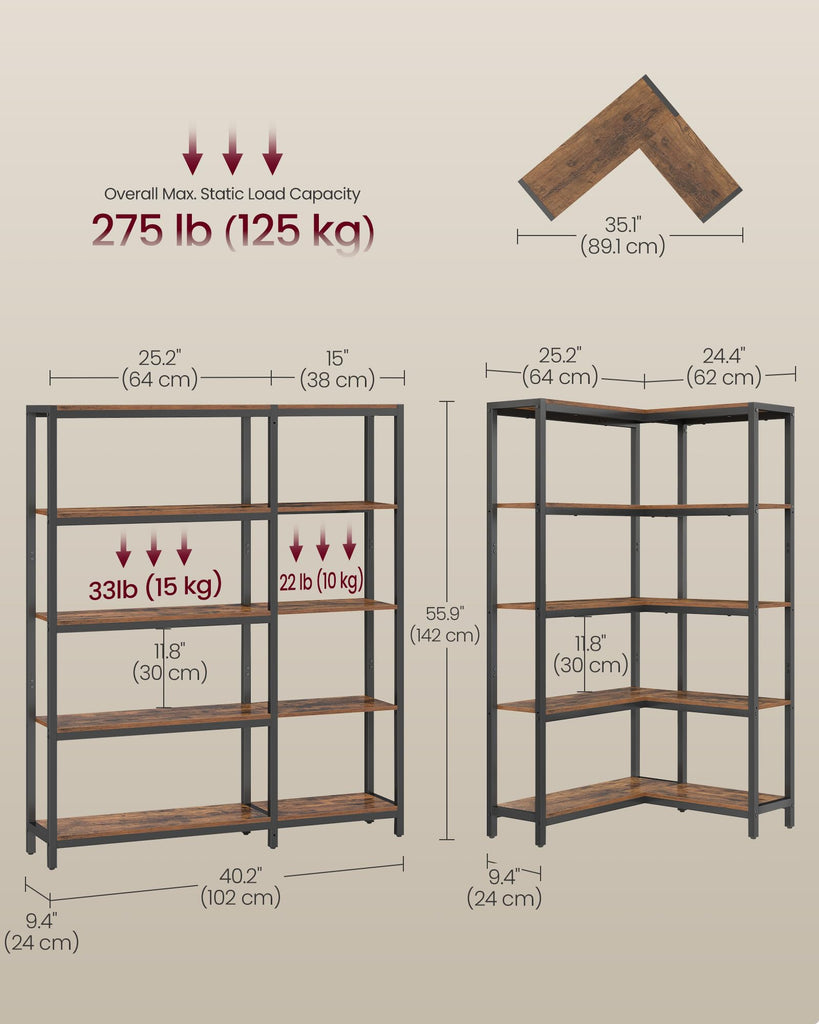 5 Tier Bookshelf, Convertible Corner Shelf, 40.2 x 9.4 x 55.9 in