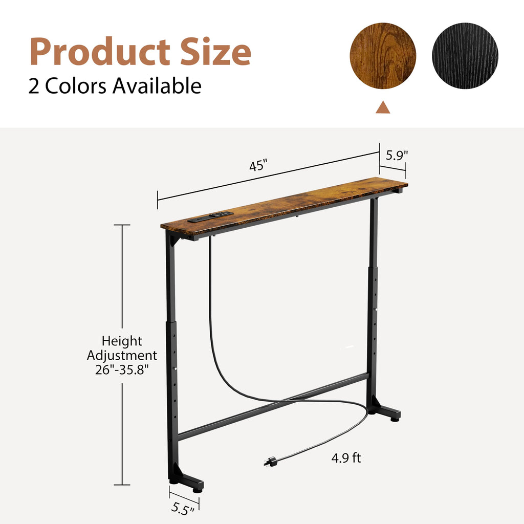 45" Adjustable Height Narrow Console Table with Power Outlets, Long Sofa Table with Charging Station Behind Couch