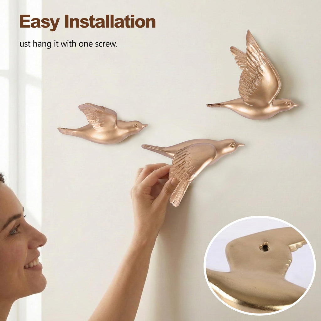 3D Birds Wall Decor Set of 3 Resin Wall Sculpture(Gold)