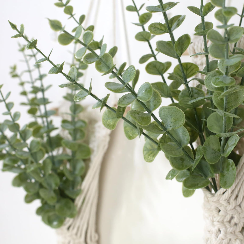 Macrame Wall Hanging with Artificial Eucalyptus Plant, Boho Wall Decor, Green Gray, Set of 2